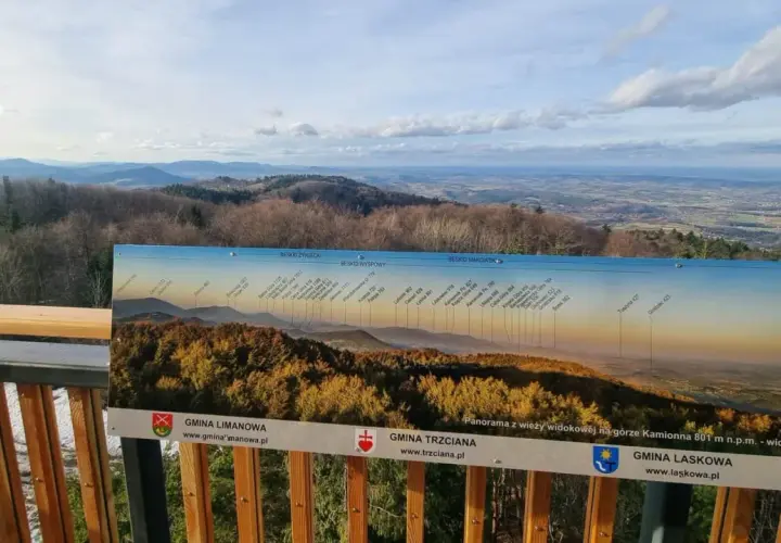 Widok z kamionnej wieży widokowej na Beskidy. Na pierwszym planie tablica z opisem panoramy górskiej.