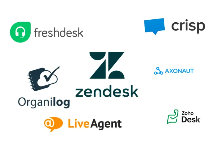 Logos de solutions de ticket informatique : Freshdesk, Crisp, Zendesk, Organilog, LiveAgent, Axonut, Zoho Desk.