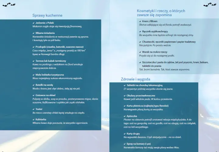 Lista rzeczy, co zabrać do Norwegii: jedzenie, termos, lodówka turystyczna, krem z filtrem, ręcznik, apteczka, karty do gry.