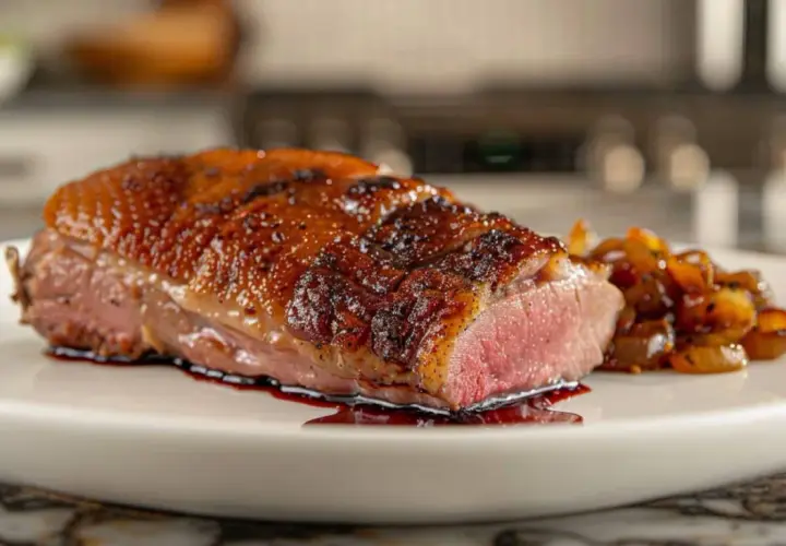 Un magret de canard rosé, peau croustillante, servi avec une garniture caramélisée sur une assiette blanche.
