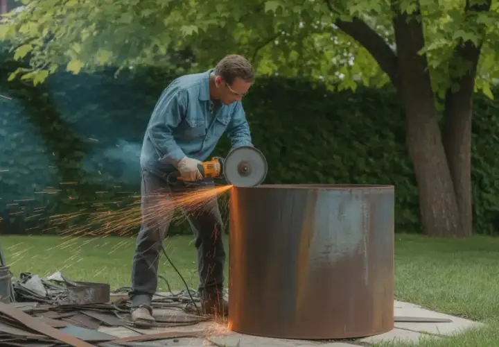 Un homme utilise une meuleuse pour façonner un grand cylindre en métal, peut-être pour un brasero. Des étincelles jaillissent, rappelant une bétonnière en action.