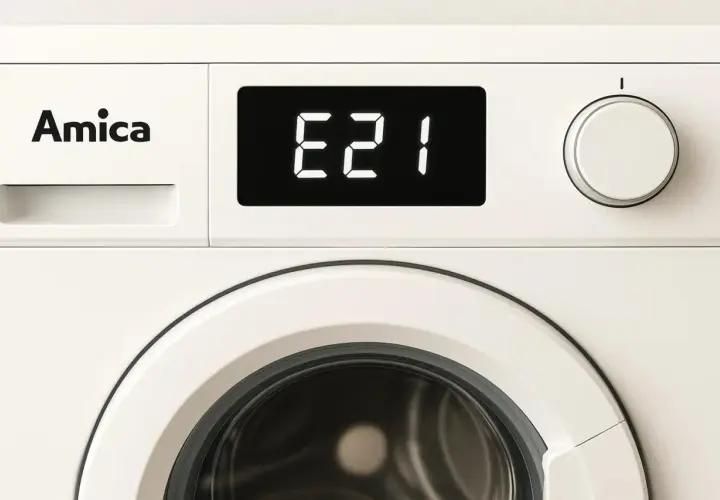 Panel sterowania pralki Amica z wyświetlaczem pokazującym błąd E21.