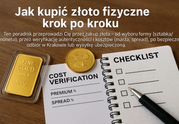 Jak inwestować w złoto? Poradnik krok po kroku: sztabka, moneta, weryfikacja, koszty, odbiór lub wysyłka.