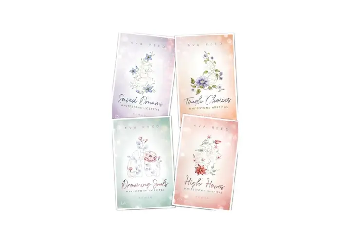 Vier Buchcover der Whitestone Hospital Reihe von Ava Reed: "Saved Dreams", "Tough Choices", "Drowning Souls" und "High Hopes".