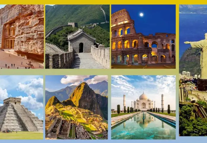 Le immagini mostrano quali sono le sette meraviglie del mondo: Petra, Grande Muraglia, Colosseo, Cristo Redentore, Chichen Itza, Machu Picchu, Taj Mahal.