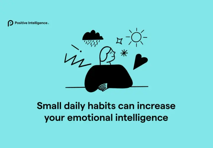 Illustration of a person with a calm expression, surrounded by symbols of challenges (rain cloud, lightning) and positivity (sun, heart). This visual represents how positive psychology techniques can build emotional intelligence.