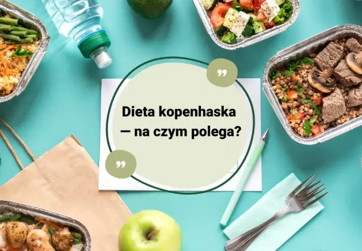 Dieta kopenhaska – na czym polega? Pudełka z jedzeniem, jabłko i butelka wody sugerują zdrowy styl życia.