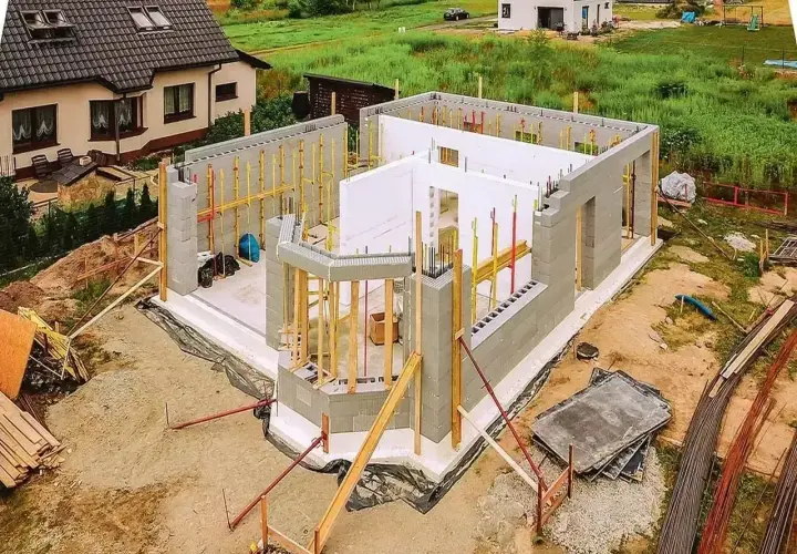 Budowa domu styropianowego w toku. Widać fundamenty, ściany z bloczków i elementy szalunku.