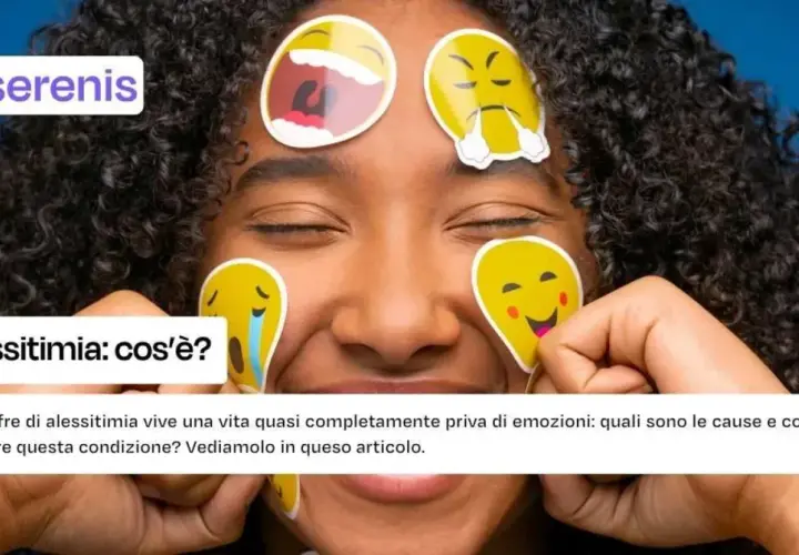 Ragazza con emoji sul viso, che simboleggiano chi non prova emozioni. Il testo parla di alessitimia.