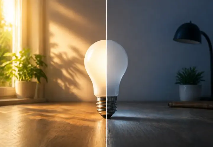 Bombilla dividida: luz cálida del sol y luz fría de lámpara. La bombilla muestra la transición de lux a lumenes, con plantas y sombras.