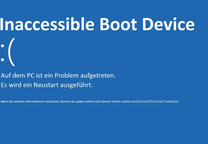 Windows 11: Inaccessible Boot Device. Ein trauriges Smiley und die Meldung "Auf dem PC ist ein Problem aufgetreten." deuten auf einen Neustart hin.