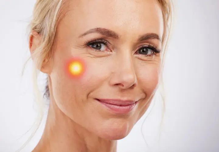Mujer sonríe con un punto de luz roja en la mejilla, sugiriendo un tratamiento como Endolift. Consulta el endolift precio.