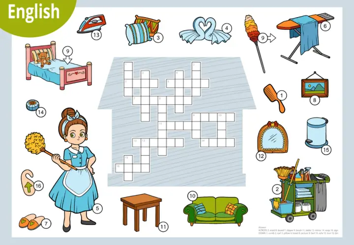 Ilustracja przedstawia różne meble po angielsku, takie jak łóżko, sofa, stół, a także akcesoria do sprzątania i inne przedmioty domowe.