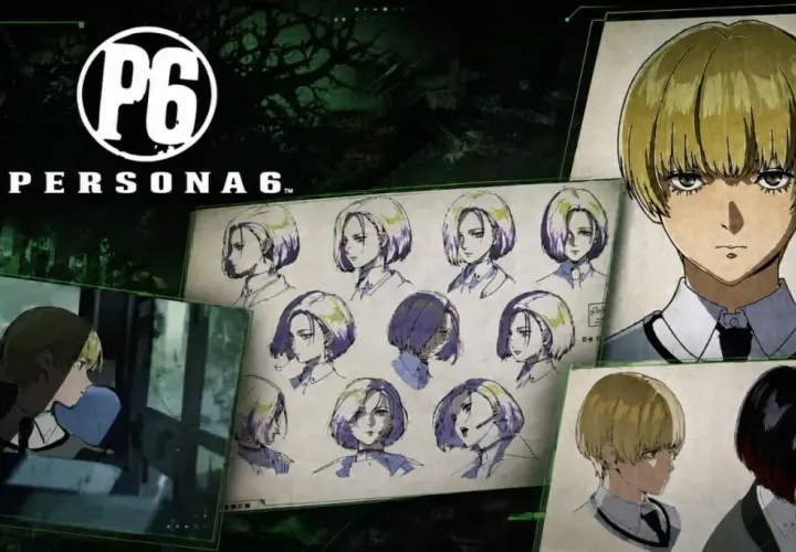 Logo Persona 6 i szkice postaci, w tym zbliżenie na twarz z blond włosami i kilka wariantów fryzur.