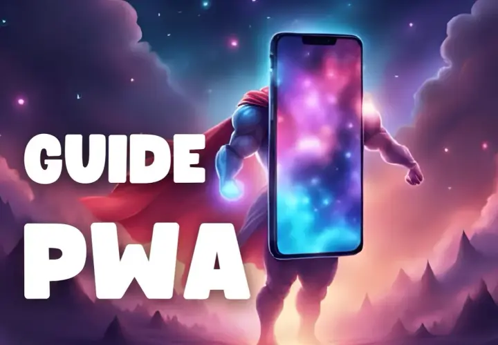 Guide PWA Android : un super-héros cosmique tient un smartphone, prêt à conquérir le monde du web mobile.