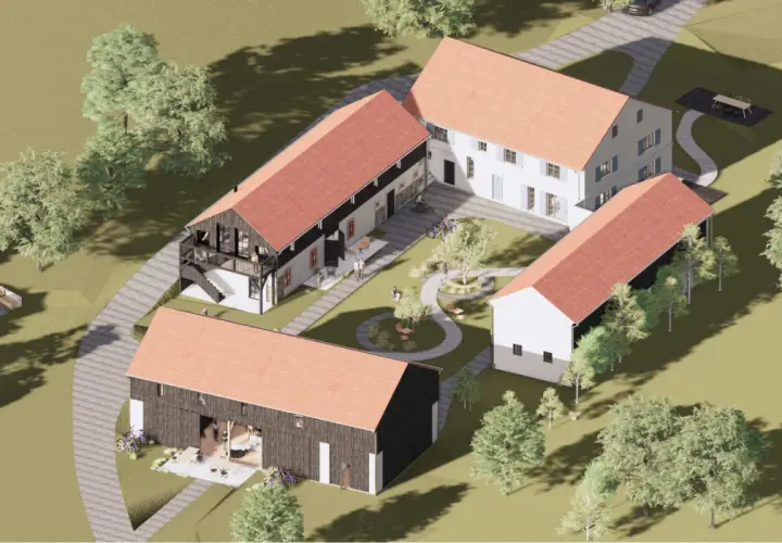 Wizualizacja projektu agroturystyki: kompleks budynków z czerwonymi dachami, dziedziniec z drzewami, ławkami i ścieżkami, otoczony zielenią.