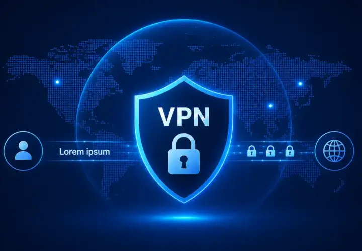 Tarcza z napisem VPN i kłódką symbolizuje bezpieczne szyfrowanie vpn. Mapa świata w tle podkreśla globalny zasięg.