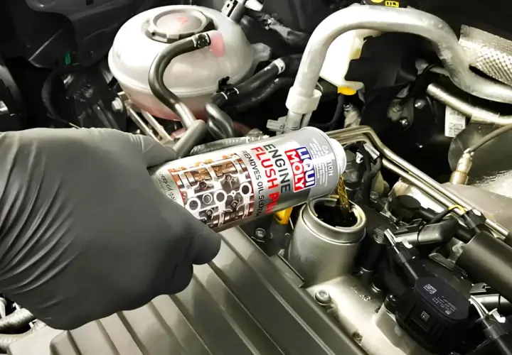Mano enguantada vierte Liqui Moly Engine Flush para solucionar problemas de aceite.