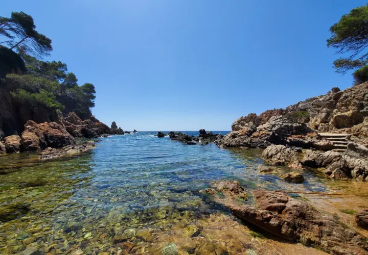 Aguas cristalinas y rocas rojizas en una cala idílica, un tesoro entre las mejores calas de la Costa Brava.