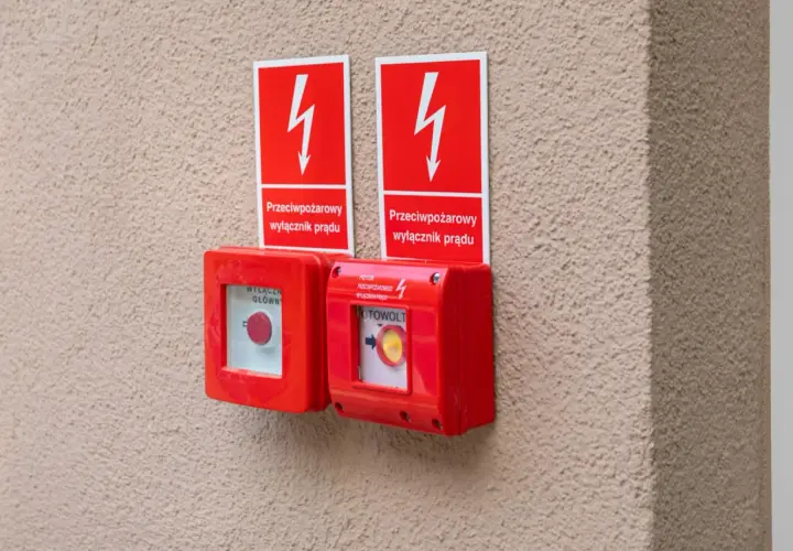 Dwa czerwone przyciski awaryjne z tabliczkami "Przeciwpożarowy wyłącznik prądu". Zgodnie z przepisami, są kluczowe dla bezpieczeństwa.