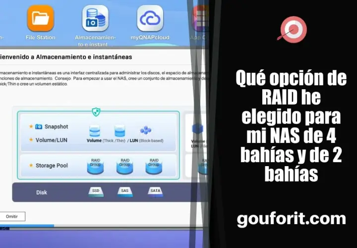 Interfaz de gestión de almacenamiento NAS, mostrando opciones de RAID. El texto pregunta: "Qué opción de RAID he elegido para mi NAS de 4 bahías y de 2 bahías".