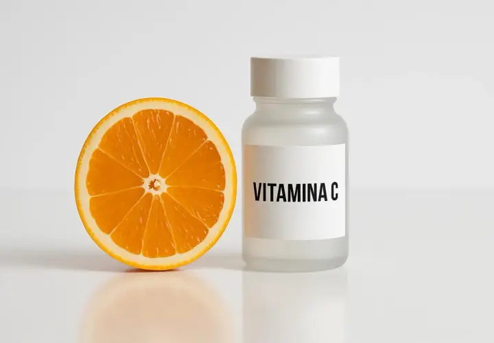 Mezza arancia succosa accanto a un flacone etichettato "VITAMINA C". Ideale per assumere vitamina c 1000 mg al giorno.