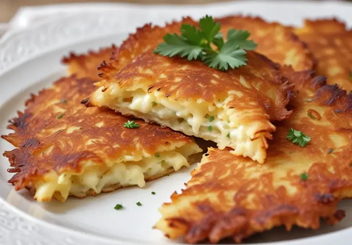 Frittelle di patate dorate e croccanti, un piatto tipico udinese, ripiene di formaggio filante e guarnite con prezzemolo fresco.