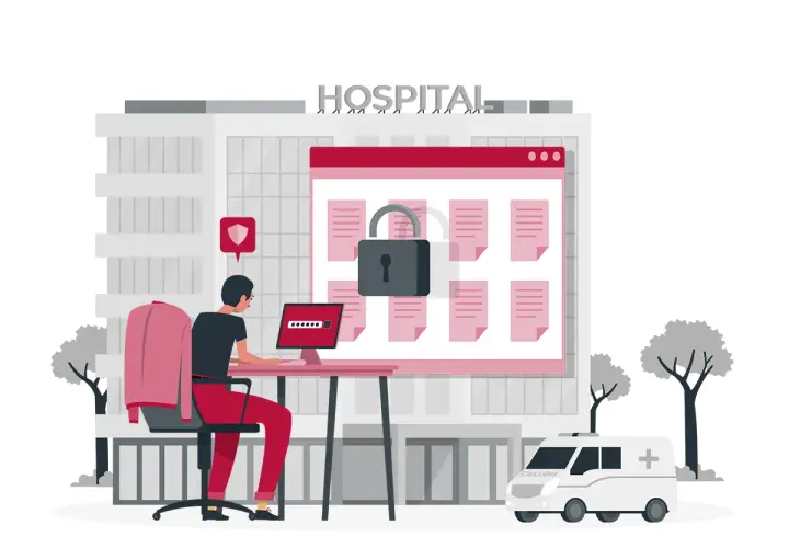 Secure hospital data with thin clients for government. A person logs into a system displaying locked files, with an ambulance outside.
