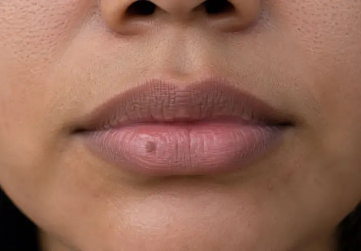 Un pequeño lunar en el labio inferior, como si hubiera aparecido de repente.