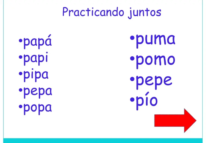 Lista de palabras con la p: papá, papi, pipa, pepa, popa, puma, pomo, pepe, pío. ¡Practicando juntos!