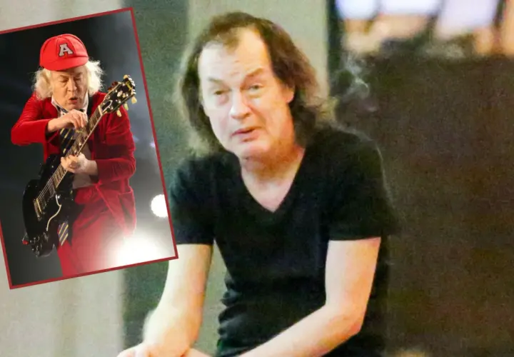 Angus Young, legendarny gitarzysta AC/DC, w czerwonym stroju i z gitarą. Obok jego zdjęcie z bliska.