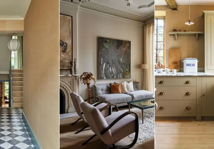 A triptych showcasing neutral interior design: a checkered entryway, a living room with a grey sofa and abstract art, and a kitchen with sage green cabinets.