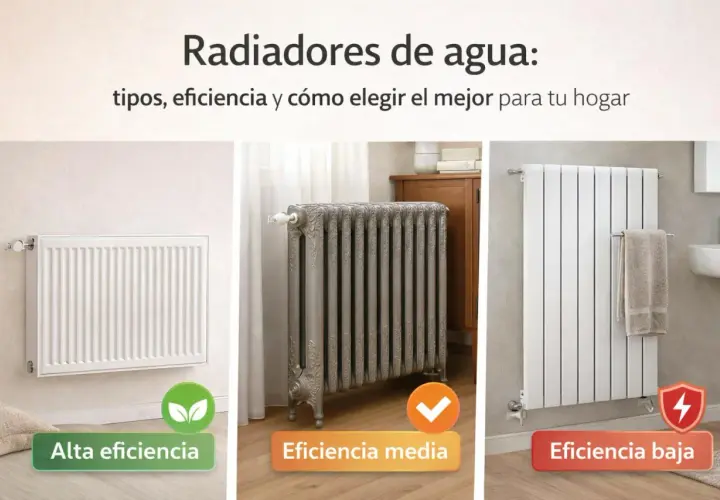 Tres radiadores de calefacción: uno blanco moderno de alta eficiencia, uno gris clásico de eficiencia media y uno blanco vertical de baja eficiencia.