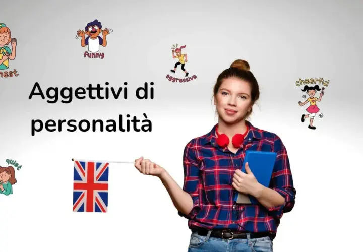 Ragazza con libro e bandiera UK, circondata da illustrazioni di aggettivi belli in inglese: honest, funny, aggressive, cheerful, quiet.