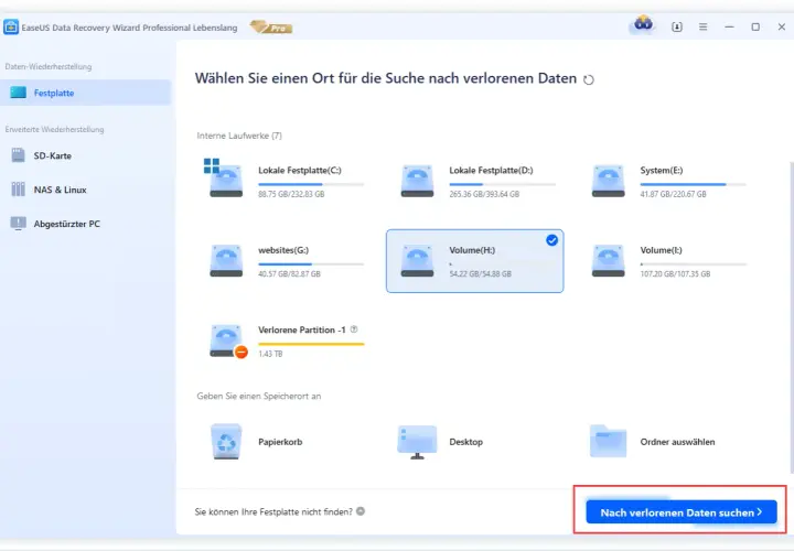 EaseUS Data Recovery Wizard zeigt interne Laufwerke an. Eine "Verlorene Partition" ist sichtbar, was auf eine nicht initialisierte Festplatte hindeuten könnte.