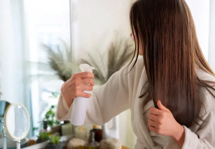 Kobieta w szlafroku spryskuje włosy odżywką w sprayu.