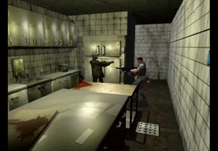 Mroczny korytarz, zombiak i uzbrojony bohater. Klasyczny survival horror.