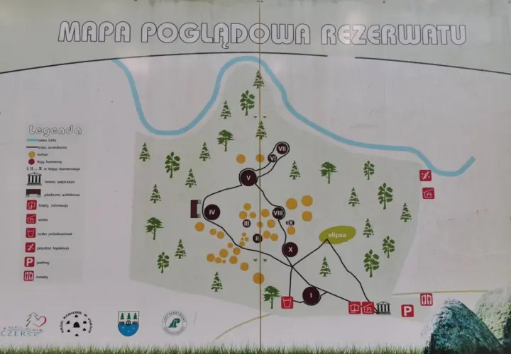 Mapa rezerwatu w Czersku z zaznaczonymi atrakcjami: kręgami kamiennymi, kurhanami, rzeką Wdą i trasami zwiedzania.