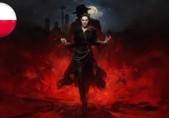 Wampirzyca z kłami na tle miasta i księżyca. Polska flaga. Vampire the Masquerade Bloodlines spolszczenie.