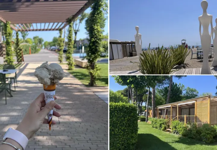Lody w wafelku na tle alejek i zieleni. Widok na plażę z rzeźbami i domki kempingowe. Idealne wakacje na marina di venezia camping.