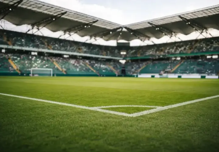 Piłkarskie boisko ze stadionem w tle, gotowe na decydujący mecz barażowy.