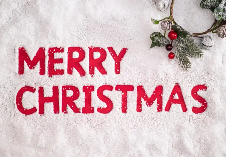 Lettere rosse su neve scrivono "Merry Christmas". Un festoso ramoscello natalizio con bacche e pigne completa la scena, evocando le classiche frasi natalizie in inglese.