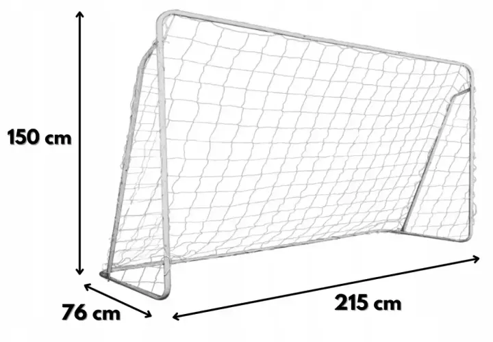 Bramka piłkarska z siatką, której wymiary to: wysokość 150 cm, szerokość 215 cm, głębokość 76 cm. Idealna do treningów.