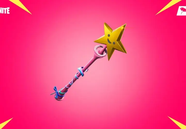Różdżka Fortnite ze złotą gwiazdką i uśmiechniętą buźką. Idealna do magicznych zwycięstw!