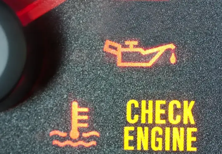 Na desce rozdzielczej świeci się żółta kontrolka oleju i napis "CHECK ENGINE".