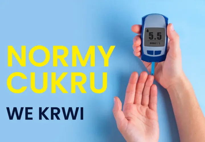 Dłoń trzyma glukometr pokazujący 5.5 mmol/L. Napis "NORMY CUKRU WE KRWI" informuje o ważności monitorowania poziomu cukru we krwi.