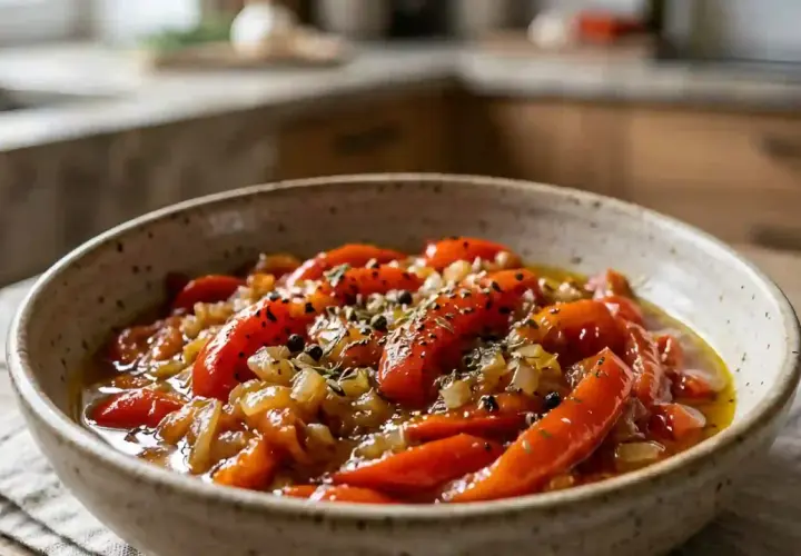 Délicieuse recette poivron vert : poivrons rouges rôtis, oignons et herbes dans un bol rustique.