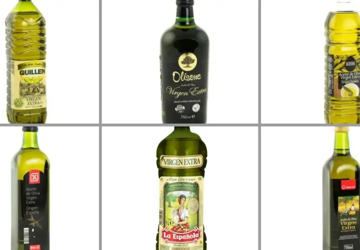 Seis botellas de aceite de oliva virgen extra, perfectas para untar o cocinar. Varias marcas como Guillen, Olisone y La Española.
