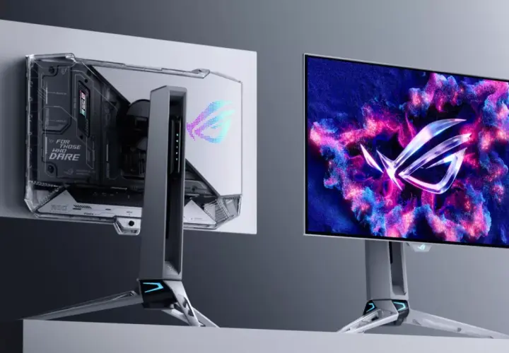 Zwei ROG-Monitore, einer mit transparentem Gehäuse und der andere mit einem leuchtenden ROG-Logo. Sie fragen sich, wie viel FPS das Auge hat?