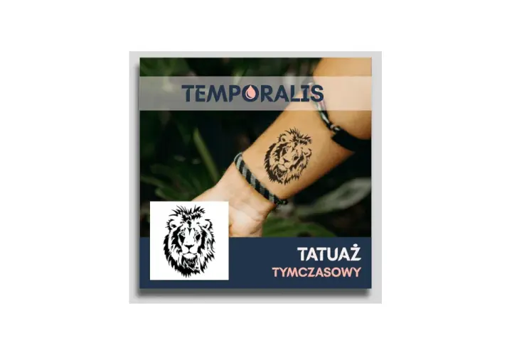 Damskie tatuaże na rękę: tymczasowy lew na przedramieniu, symbol siły i odwagi.